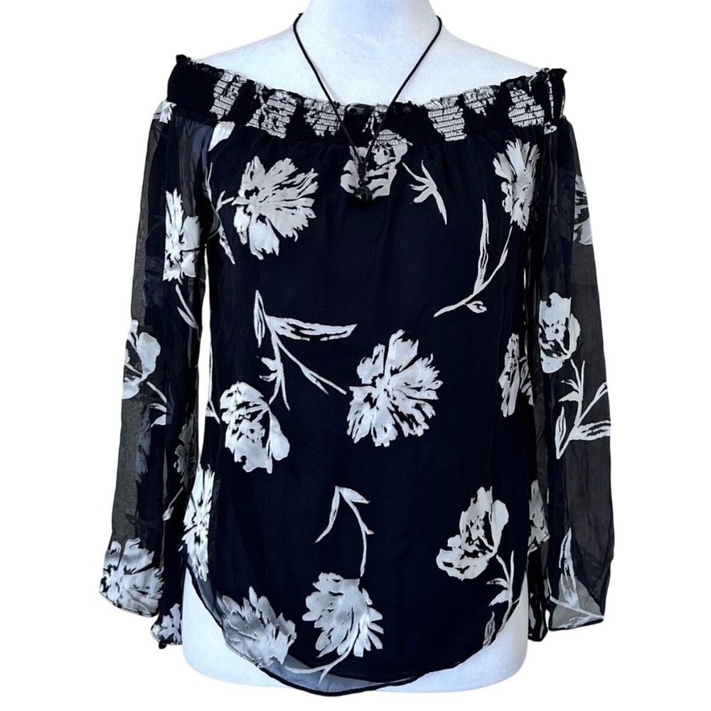 White House Black Market Floral Blouse Womens XXS Black Silk Blend Off-Shoulder